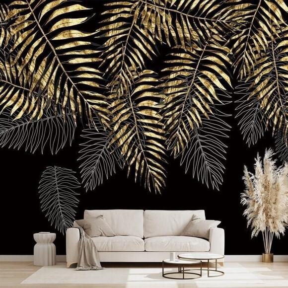 NEW Botanical Black & Gold Palm Leaves Photo Fabric Wall Mural 160